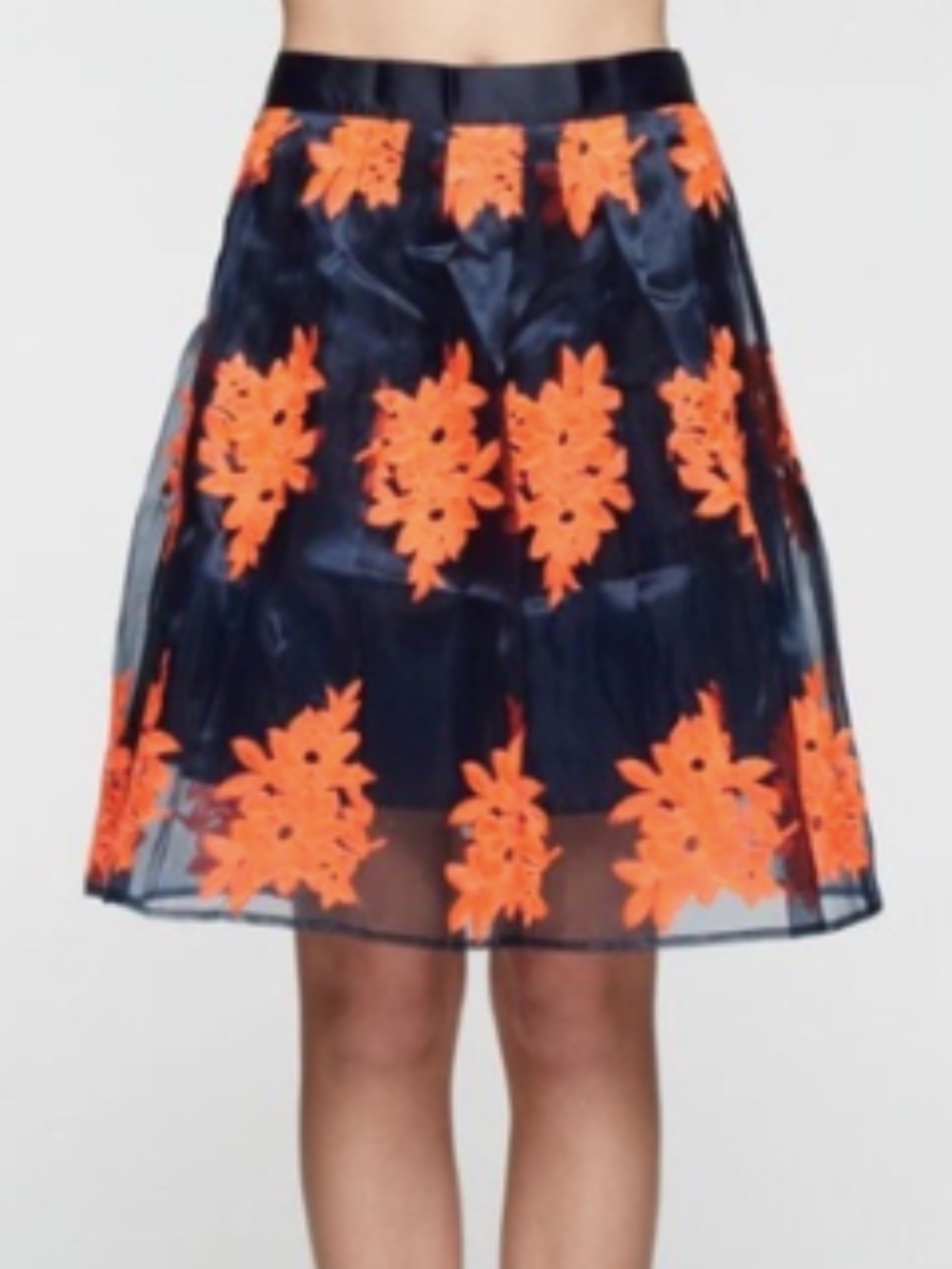 Maeve Anthropologie Navy Blue Orange Pomme Blossom Tulle Embroidered Skirt Sz 0